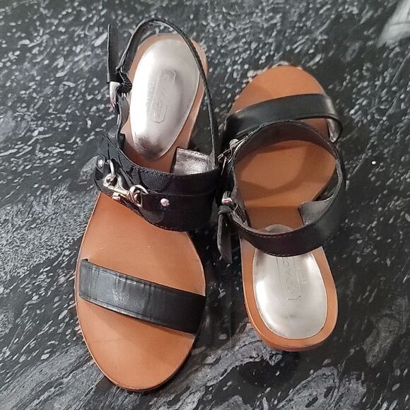 COACH PAM SIG C LOGO LEATHER WEDGE HEELS SANDALS - Picture 5 of 16